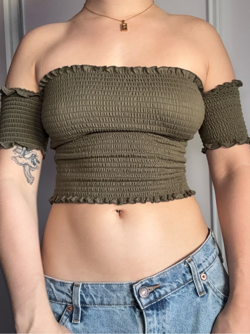 Hot Kiss Smocked Off-Shoulder Crop Top - Olive